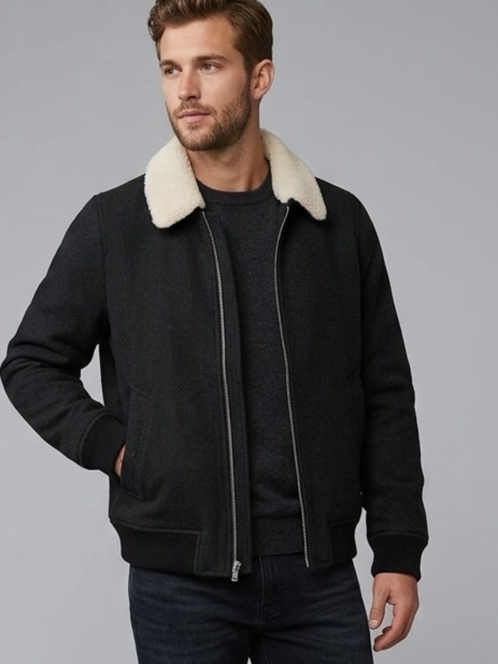Abercrombie & Fitch Men’s Wool-Blend Herringbone Sherpa-Collar Bomber Jacket XS